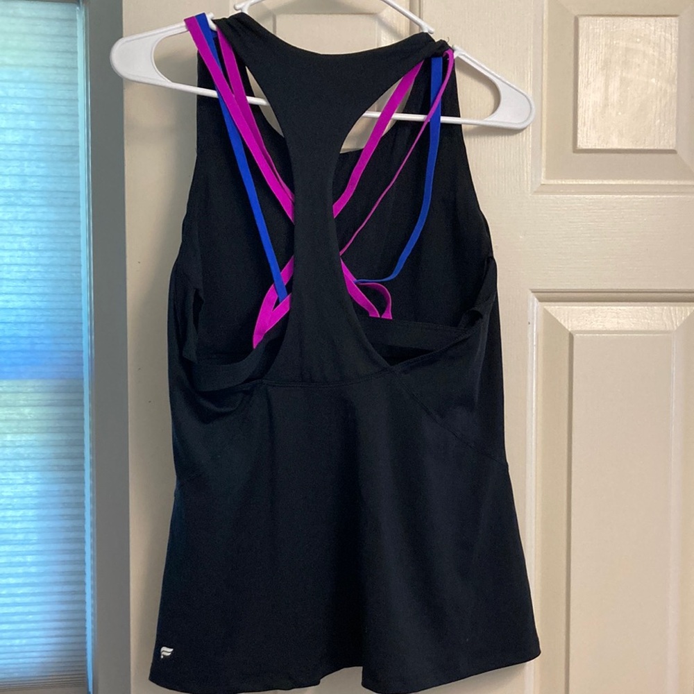 Women’s Fabletics Black Tank Top with Pink and Blue Straps L? see measurements